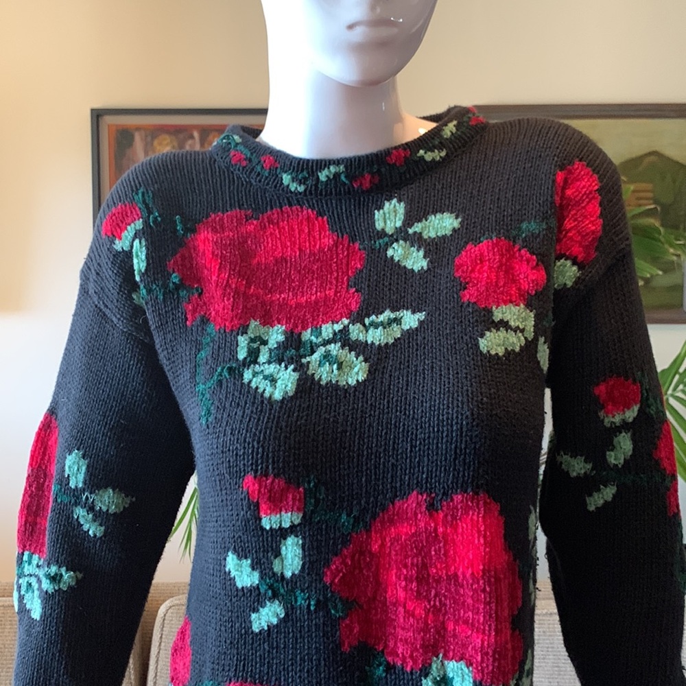 80’s ROSES FLORAL SWEATER CHENILLE - Picture 3 of 14
